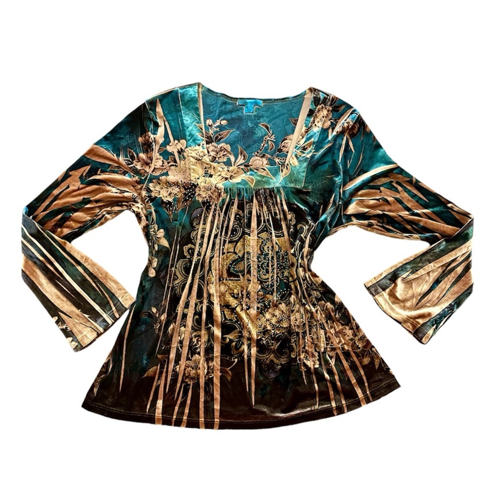 Brown blue floral vintage velvet Blouse XL